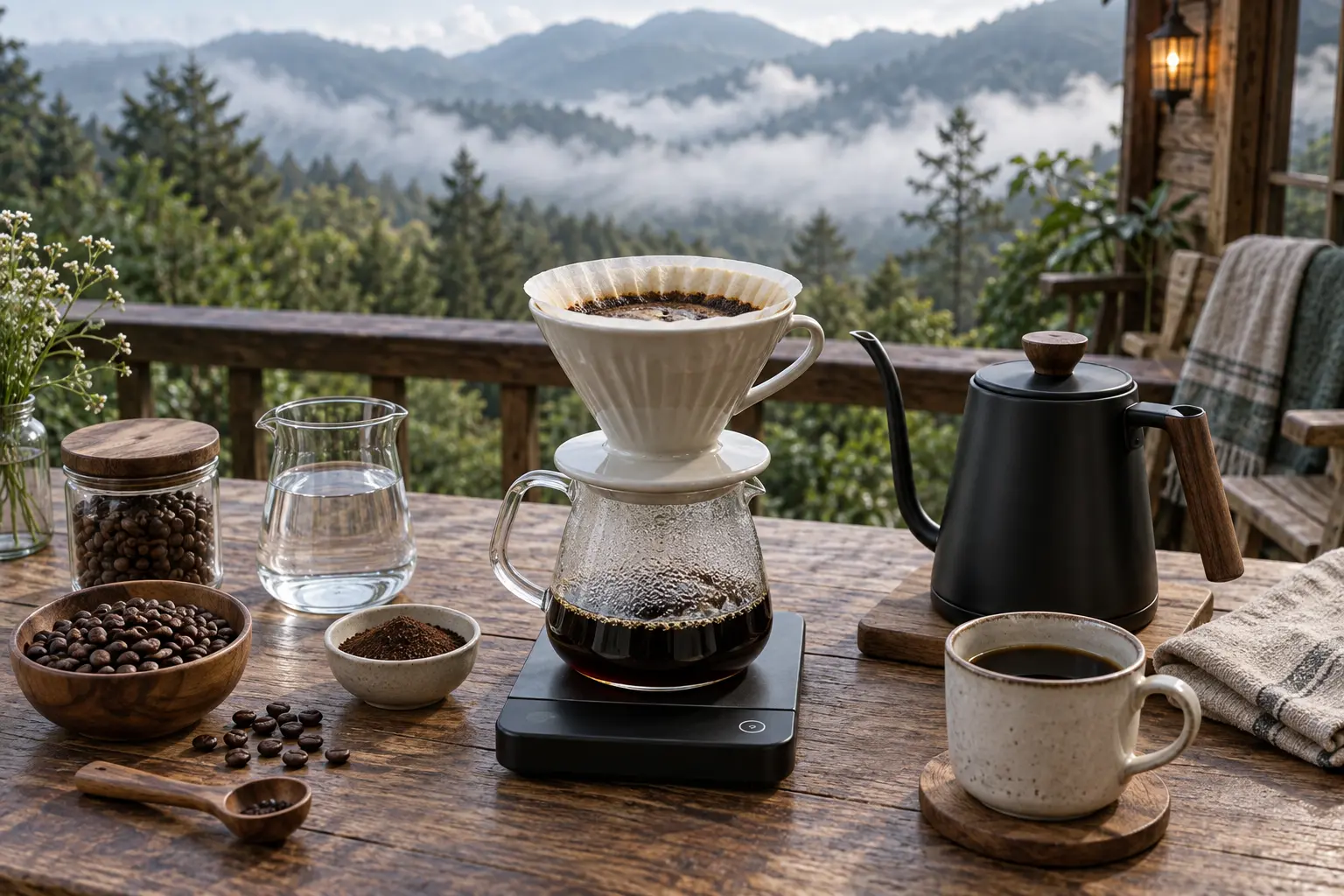 ชุดชง Pour Over พร้อมดริปเปอร์ กาดริป เครื่องชั่ง และกาแฟบนระเบียงภูเขา